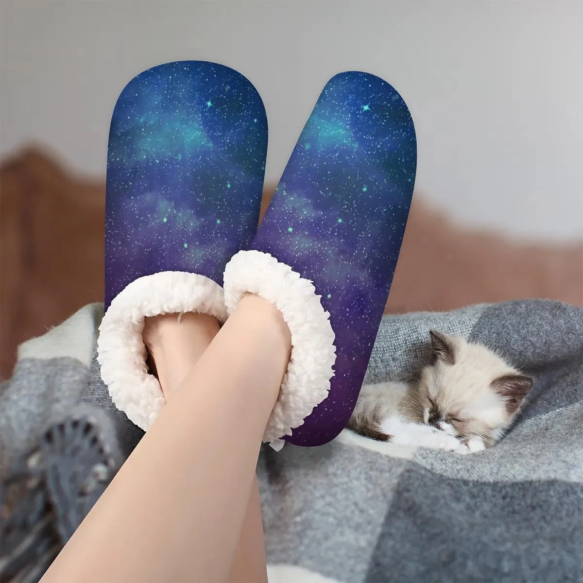 KOBLEN Aurora Borealis Slippers for Women House Shoes with Fleece Lining Wide Comfy Full Slippers Lightweight Cozy Loafer with Rubber Sole Unisex Slippers Adults for Indoor Outdoor