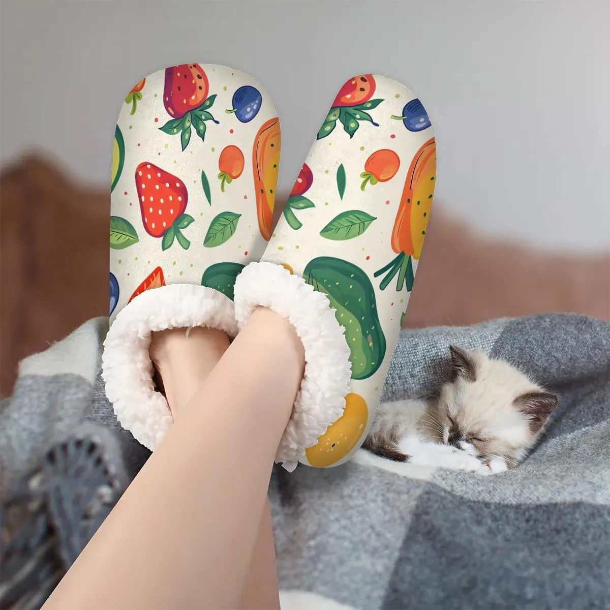 KOBLEN Avocado Blueberry Fruits Slippers for Women House Shoes with Fleece Lining Wide Comfy Full Slippers Lightweight Cozy Loafer with Rubber Sole Unisex Slippers Adults for Indoor Outdoor