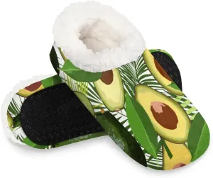 KOBLEN Avocado Summer Leaves Slippers for Women House Shoes with Fleece Lining Wide Comfy Full Slippers Lightweight Cozy Loafer with Rubber Sole Unisex Slippers Adults for Indoor Outdoor