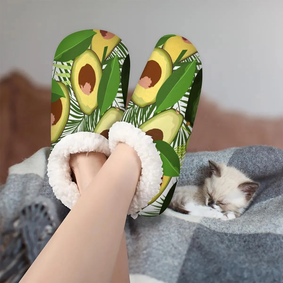 KOBLEN Avocado Summer Leaves Slippers for Women House Shoes with Fleece Lining Wide Comfy Full Slippers Lightweight Cozy Loafer with Rubber Sole Unisex Slippers Adults for Indoor Outdoor