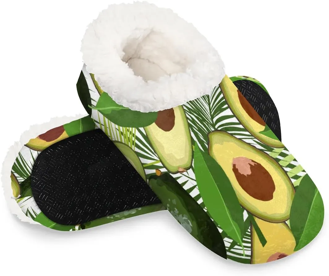 KOBLEN Avocado Summer Leaves Slippers for Women House Shoes with Fleece Lining Wide Comfy Full Slippers Lightweight Cozy Loafer with Rubber Sole Unisex Slippers Adults for Indoor Outdoor