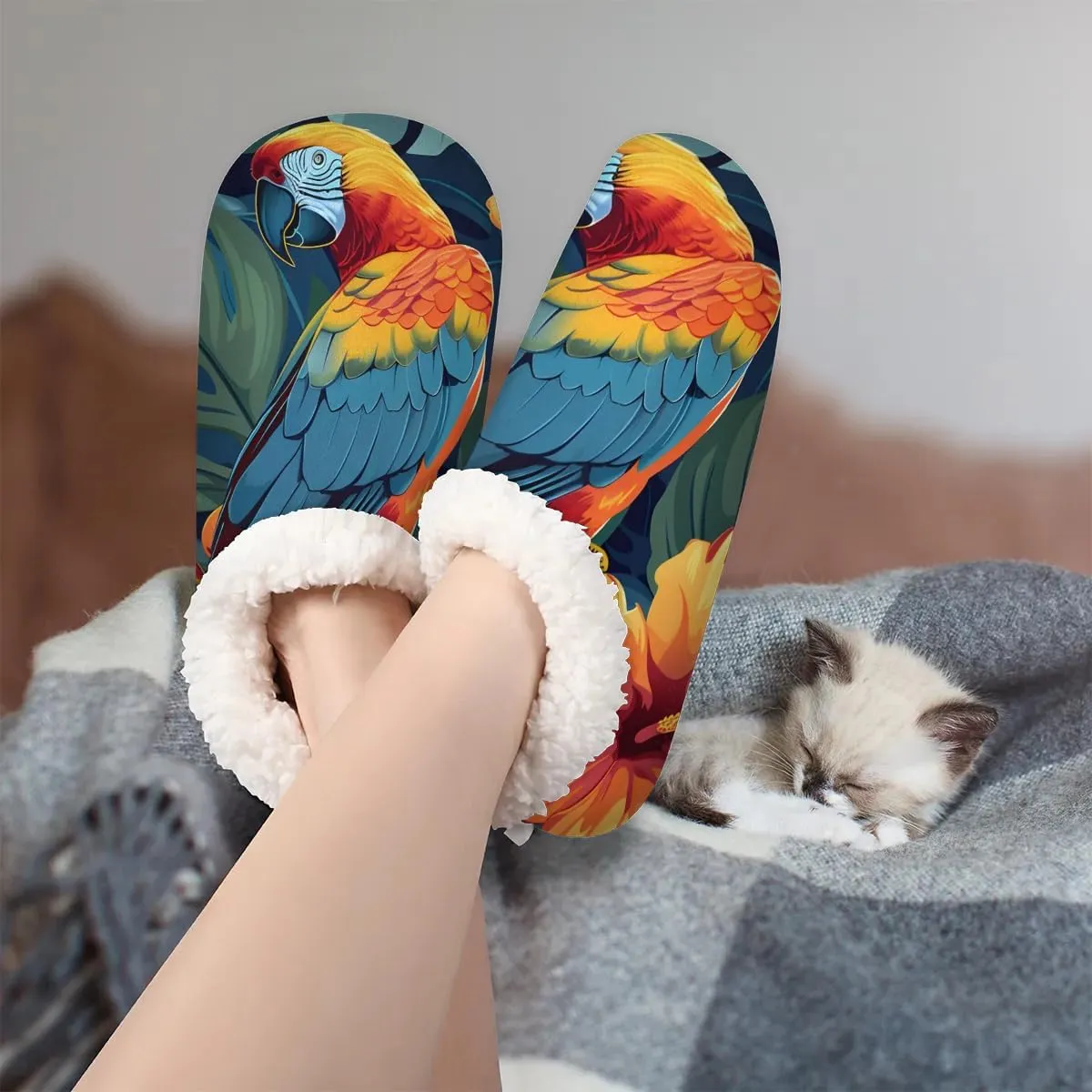 KOBLEN Birds Parrots Flower Slippers for Women House Shoes with Fleece Lining Wide Comfy Full Slippers Lightweight Cozy Loafer with Rubber Sole Unisex Slippers Adults for Indoor Outdoor