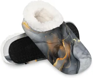 KOBLEN Black Gauzy Marble Slippers for Women House Shoes with Fleece Lining Wide Comfy Full Slippers Lightweight Cozy Loafer with Rubber Sole Unisex Slippers Adults for Indoor Outdoor