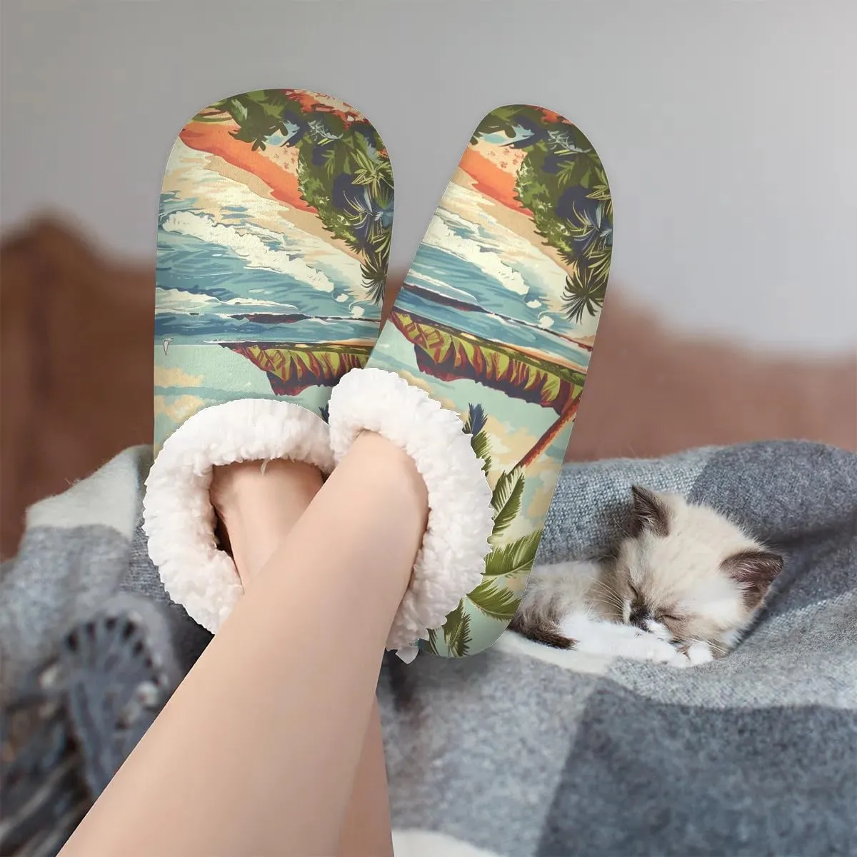 KOBLEN Coconut Beach Slippers for Women House Shoes with Fleece Lining Wide Comfy Full Slippers Lightweight Cozy Loafer with Rubber Sole Unisex Slippers Adults for Indoor Outdoor