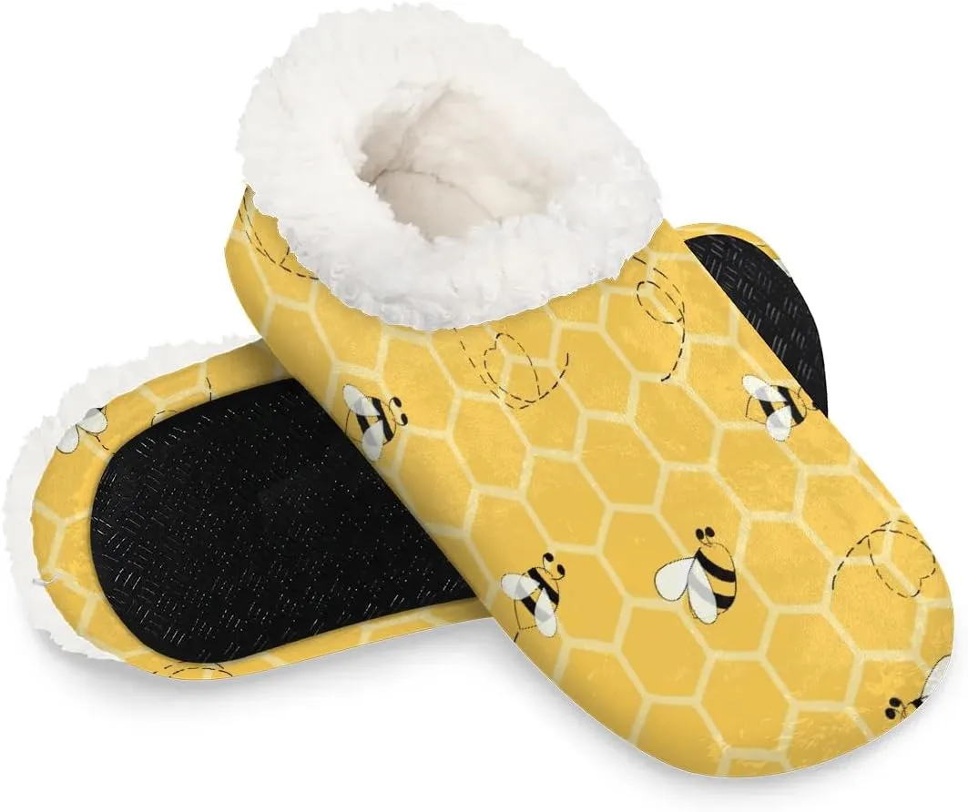 KOBLEN Cute Bees Slippers for Women House Shoes with Fleece Lining Wide Comfy Full Slippers Lightweight Cozy Loafer with Rubber Sole Unisex Slippers Adults for Indoor Outdoor