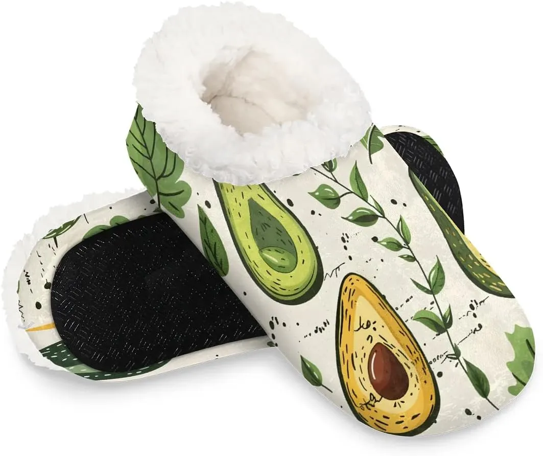 KOBLEN Fruits Avocado Leaves Slippers for Women House Shoes with Fleece Lining Wide Comfy Full Slippers Lightweight Cozy Loafer with Rubber Sole Unisex Slippers Adults for Indoor Outdoor
