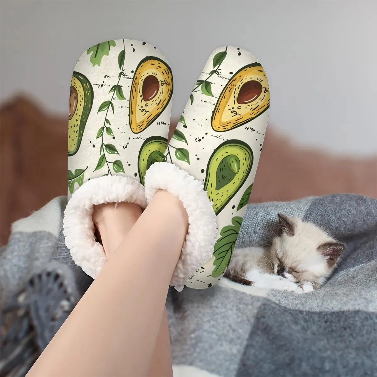 KOBLEN Fruits Avocado Leaves Slippers for Women House Shoes with Fleece Lining Wide Comfy Full Slippers Lightweight Cozy Loafer with Rubber Sole Unisex Slippers Adults for Indoor Outdoor