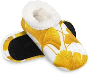 KOBLEN Ginkgo Biloba Leaf Slippers for Women House Shoes with Fleece Lining Wide Comfy Full Slippers Lightweight Cozy Loafer with Rubber Sole Unisex Slippers Adults for Indoor Outdoor