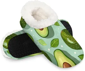 KOBLEN Green Fruit Avocado Slippers for Women House Shoes with Fleece Lining Wide Comfy Full Slippers Lightweight Cozy Loafer with Rubber Sole Unisex Slippers Adults for Indoor Outdoor