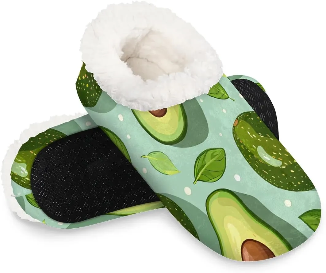 KOBLEN Green Fruit Avocado Slippers for Women House Shoes with Fleece Lining Wide Comfy Full Slippers Lightweight Cozy Loafer with Rubber Sole Unisex Slippers Adults for Indoor Outdoor