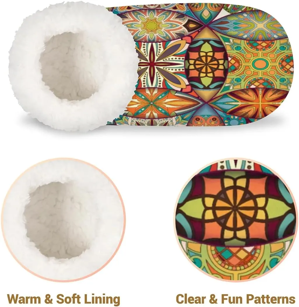 KOBLEN Hippie Bohemian Tile Slippers for Women House Shoes with Fleece Lining Wide Comfy Full Slippers Lightweight Cozy Loafer with Rubber Sole Unisex Slippers Adults for Indoor Outdoor