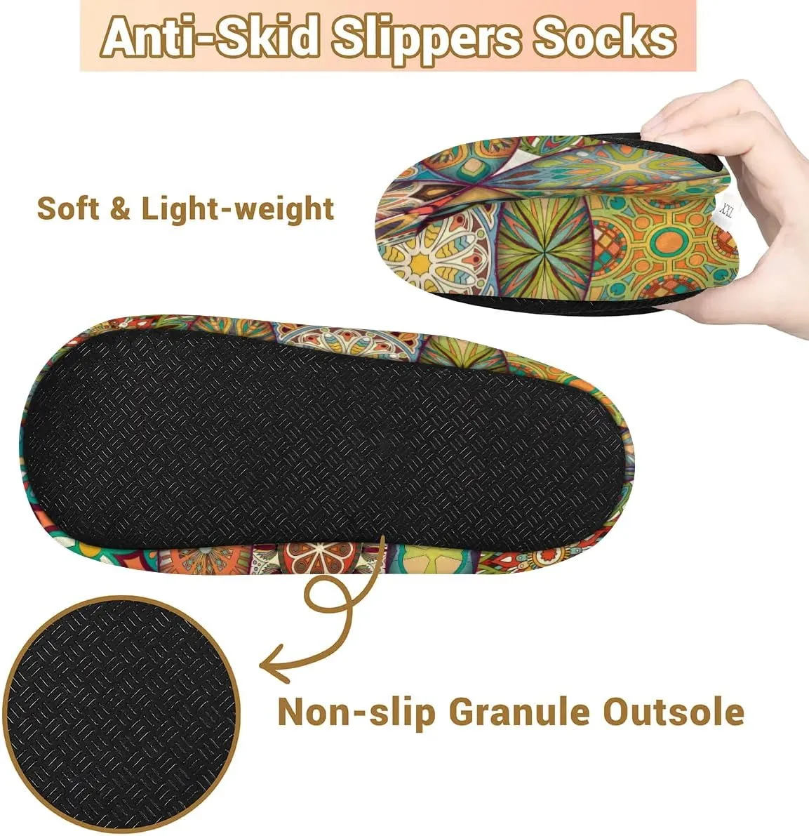 KOBLEN Hippie Bohemian Tile Slippers for Women House Shoes with Fleece Lining Wide Comfy Full Slippers Lightweight Cozy Loafer with Rubber Sole Unisex Slippers Adults for Indoor Outdoor