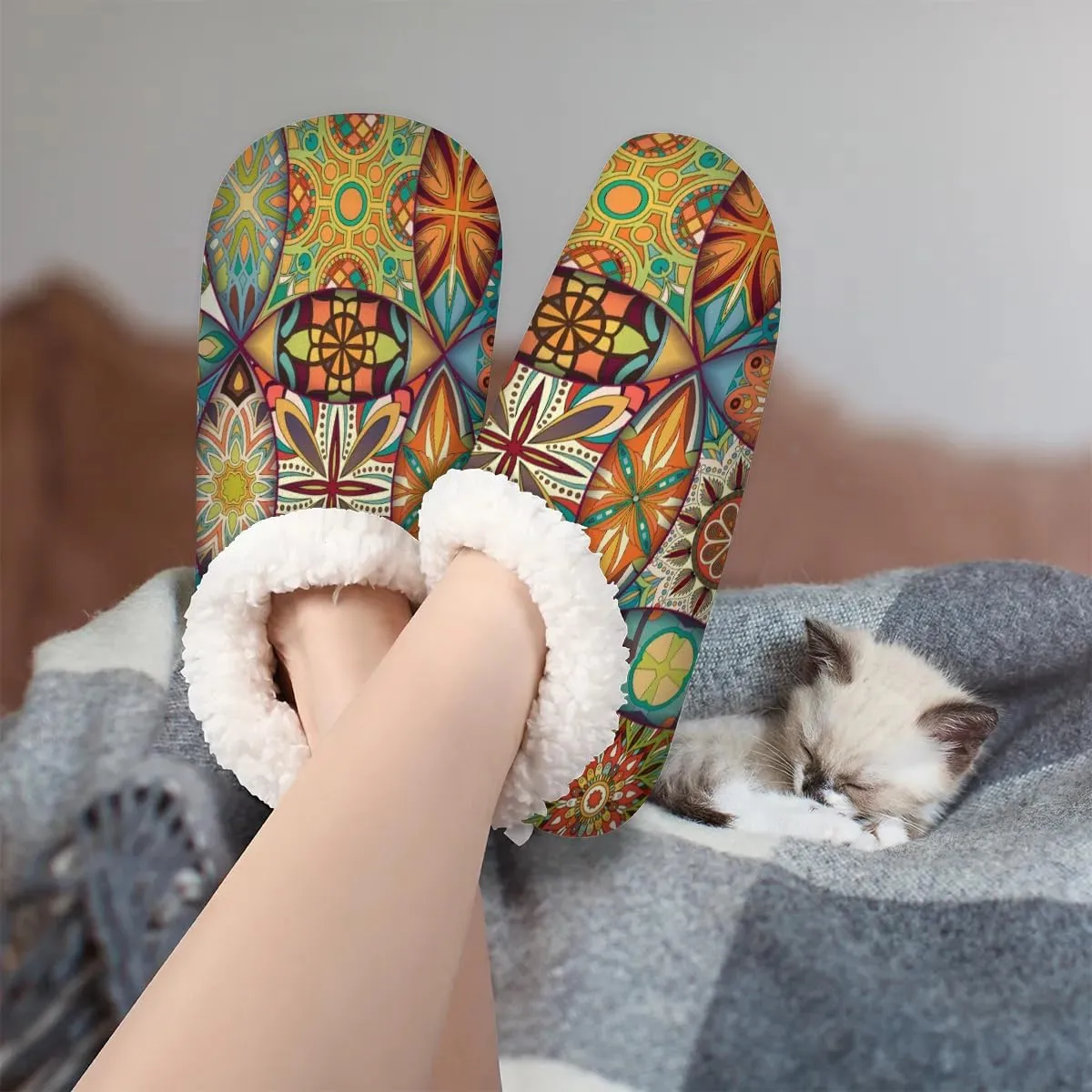 KOBLEN Hippie Bohemian Tile Slippers for Women House Shoes with Fleece Lining Wide Comfy Full Slippers Lightweight Cozy Loafer with Rubber Sole Unisex Slippers Adults for Indoor Outdoor