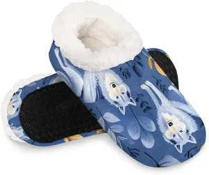KOBLEN Leaves Blue Wolves Slippers for Women House Shoes with Fleece Lining Wide Comfy Full Slippers Lightweight Cozy Loafer with Rubber Sole Unisex Slippers Adults for Indoor Outdoor