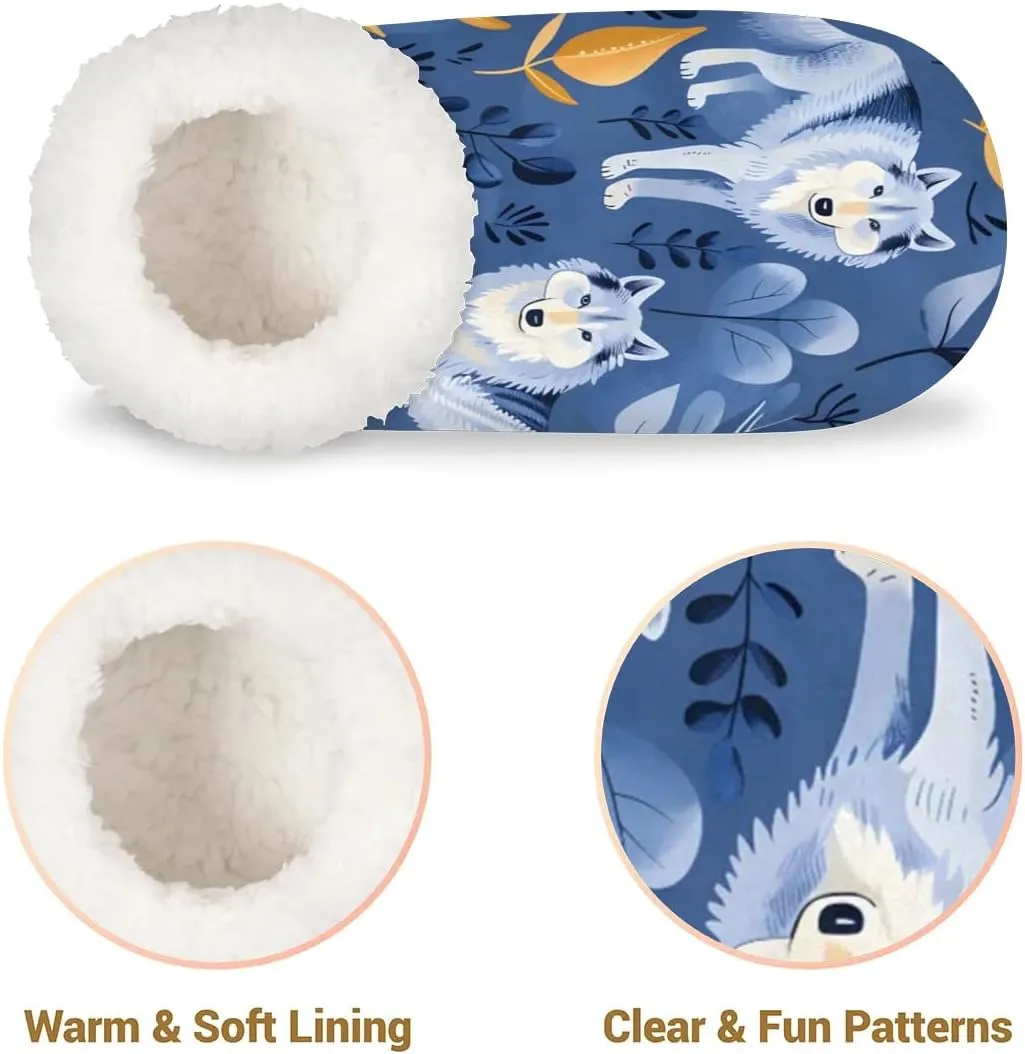 KOBLEN Leaves Blue Wolves Slippers for Women House Shoes with Fleece Lining Wide Comfy Full Slippers Lightweight Cozy Loafer with Rubber Sole Unisex Slippers Adults for Indoor Outdoor