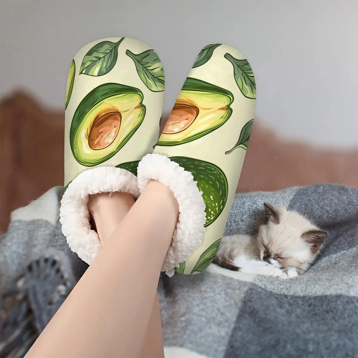 KOBLEN Leaves Fruits Avocado Slippers for Women House Shoes with Fleece Lining Wide Comfy Full Slippers Lightweight Cozy Loafer with Rubber Sole Unisex Slippers Adults for Indoor Outdoor