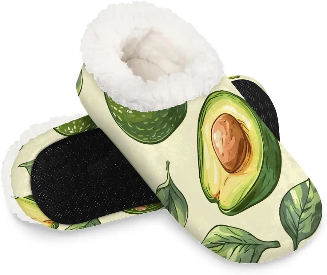 KOBLEN Leaves Fruits Avocado Slippers for Women House Shoes with Fleece Lining Wide Comfy Full Slippers Lightweight Cozy Loafer with Rubber Sole Unisex Slippers Adults for Indoor Outdoor
