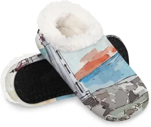 KOBLEN Lighthouse Watercolor Slippers for Women House Shoes with Fleece Lining Wide Comfy Full Slippers Lightweight Cozy Loafer with Rubber Sole Unisex Slippers Adults for Indoor Outdoor