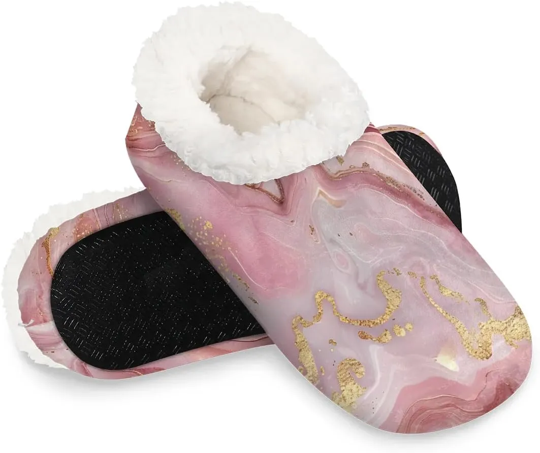 KOBLEN Marble Pink Liquid Slippers for Women House Shoes with Fleece Lining Wide Comfy Full Slippers Lightweight Cozy Loafer with Rubber Sole Unisex Slippers Adults for Indoor Outdoor