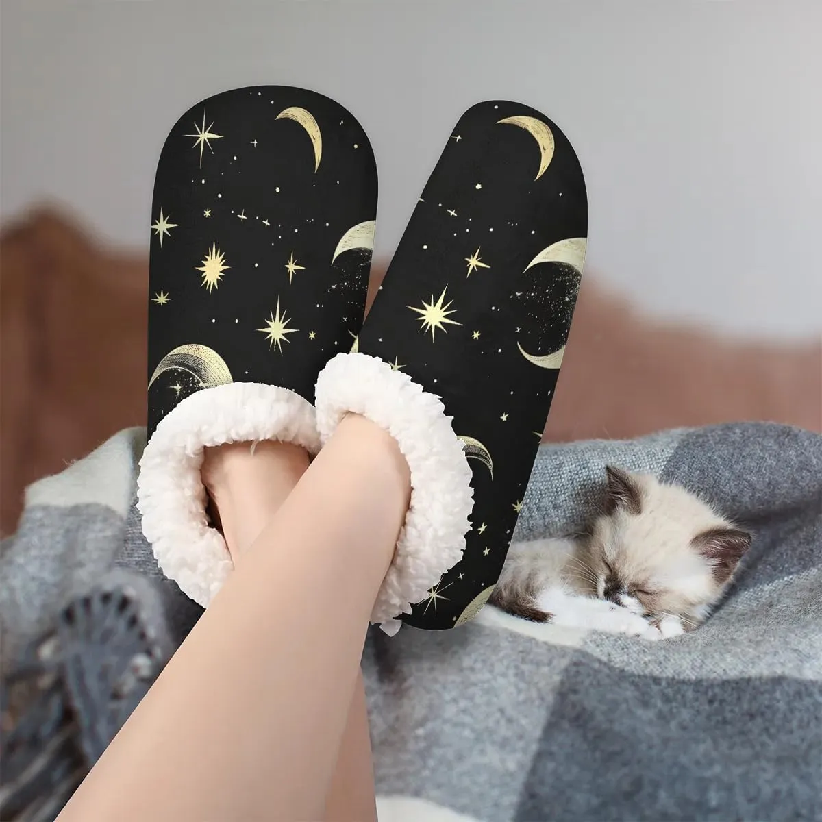 KOBLEN Moon Slippers for Women House Shoes with Fleece Lining Wide Comfy Full Slippers Lightweight Cozy Loafer with Rubber Sole Unisex Slippers Adults for Indoor Outdoor