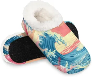 KOBLEN Ocean Hibiscus Palm Slippers for Women House Shoes with Fleece Lining Wide Comfy Full Slippers Lightweight Cozy Loafer with Rubber Sole Unisex Slippers Adults for Indoor Outdoor