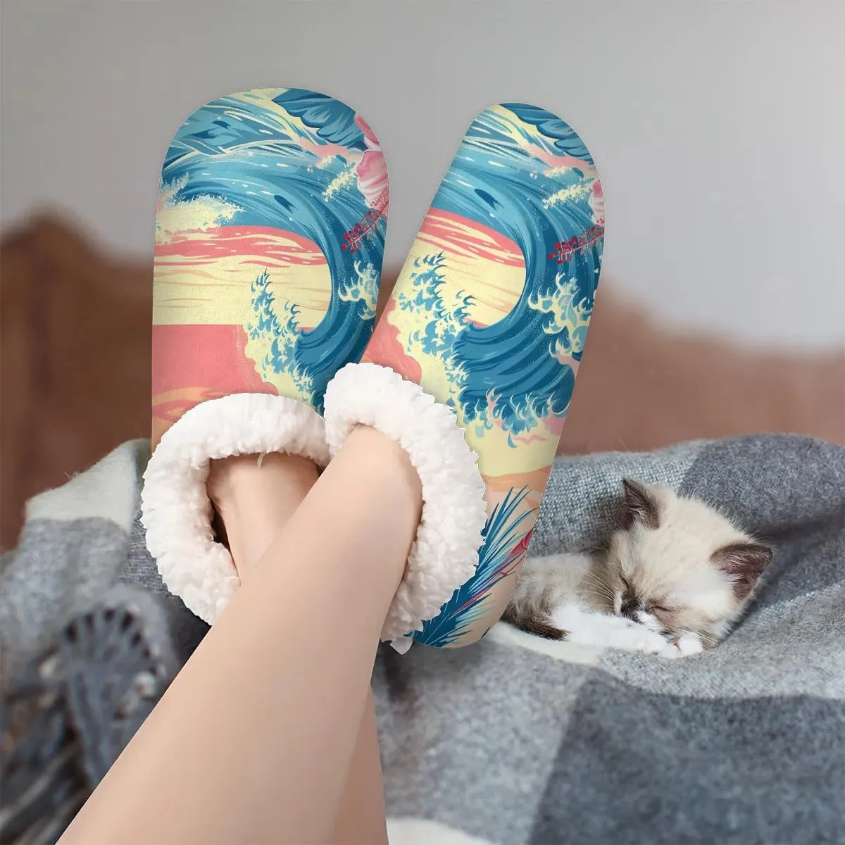 KOBLEN Ocean Hibiscus Palm Slippers for Women House Shoes with Fleece Lining Wide Comfy Full Slippers Lightweight Cozy Loafer with Rubber Sole Unisex Slippers Adults for Indoor Outdoor