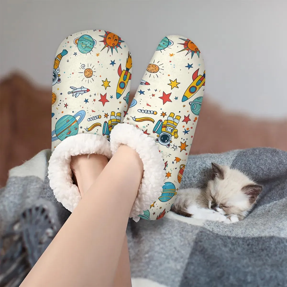 KOBLEN Planet Sun Paint Slippers for Women House Shoes with Fleece Lining Wide Comfy Full Slippers Lightweight Cozy Loafer with Rubber Sole Unisex Slippers Adults for Indoor Outdoor