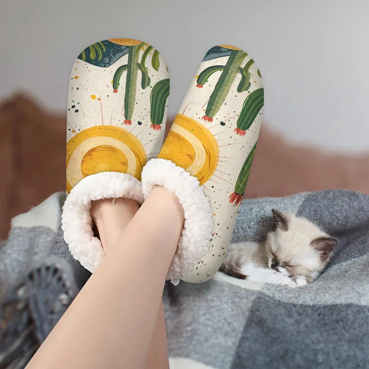 KOBLEN Plants Cactus Sun Slippers for Women House Shoes with Fleece Lining Wide Comfy Full Slippers Lightweight Cozy Loafer with Rubber Sole Unisex Slippers Adults for Indoor Outdoor
