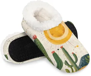 KOBLEN Plants Cactus Sun Slippers for Women House Shoes with Fleece Lining Wide Comfy Full Slippers Lightweight Cozy Loafer with Rubber Sole Unisex Slippers Adults for Indoor Outdoor