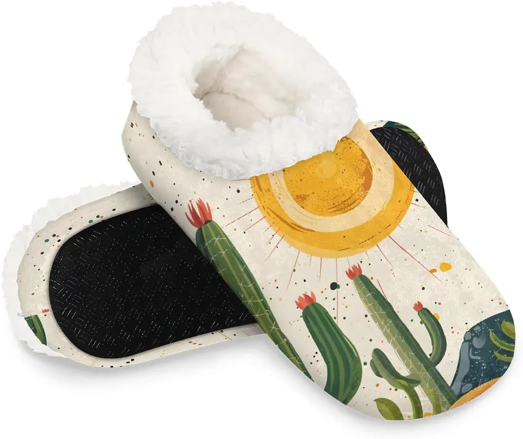 KOBLEN Plants Cactus Sun Slippers for Women House Shoes with Fleece Lining Wide Comfy Full Slippers Lightweight Cozy Loafer with Rubber Sole Unisex Slippers Adults for Indoor Outdoor