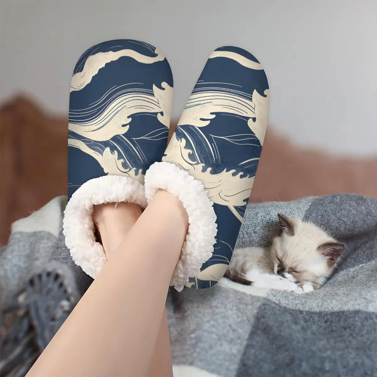 KOBLEN Sea Water Slippers for Women House Shoes with Fleece Lining Wide Comfy Full Slippers Lightweight Cozy Loafer with Rubber Sole Unisex Slippers Adults for Indoor Outdoor