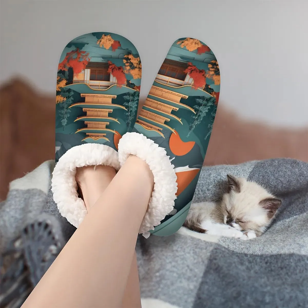 KOBLEN Snow Mountain Build Slippers for Women House Shoes with Fleece Lining Wide Comfy Full Slippers Lightweight Cozy Loafer with Rubber Sole Unisex Slippers Adults for Indoor Outdoor