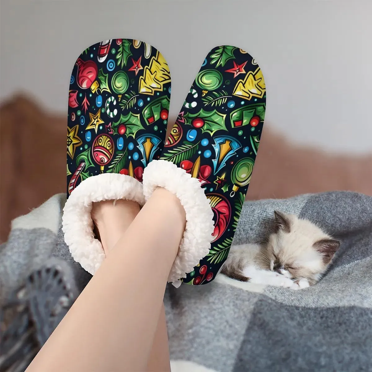 KOBLEN Sock Pendant Paint Slippers for Women House Shoes with Fleece Lining Wide Comfy Full Slippers Lightweight Cozy Loafer with Rubber Sole Unisex Slippers Adults for Indoor Outdoor