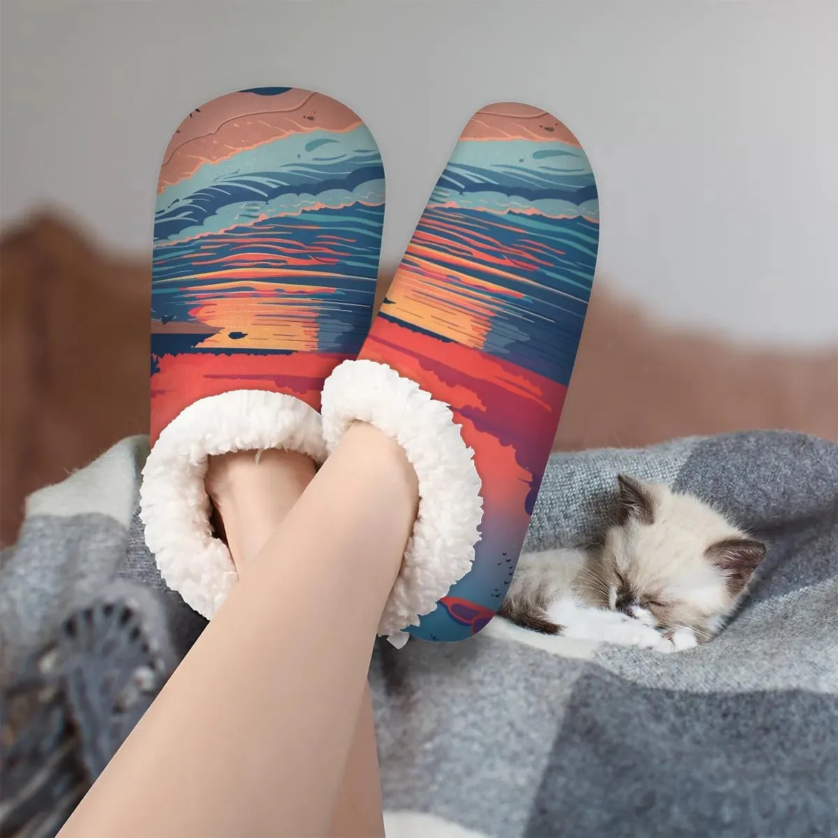 KOBLEN Sunset Scenery Beach Slippers for Women House Shoes with Fleece Lining Wide Comfy Full Slippers Lightweight Cozy Loafer with Rubber Sole Unisex Slippers Adults for Indoor Outdoor