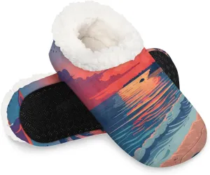 KOBLEN Sunset Scenery Beach Slippers for Women House Shoes with Fleece Lining Wide Comfy Full Slippers Lightweight Cozy Loafer with Rubber Sole Unisex Slippers Adults for Indoor Outdoor