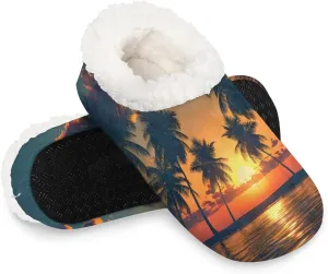 KOBLEN Sunset Sea Tree Slippers for Women House Shoes with Fleece Lining Wide Comfy Full Slippers Lightweight Cozy Loafer with Rubber Sole Unisex Slippers Adults for Indoor Outdoor