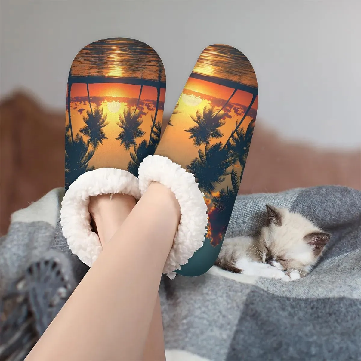 KOBLEN Sunset Sea Tree Slippers for Women House Shoes with Fleece Lining Wide Comfy Full Slippers Lightweight Cozy Loafer with Rubber Sole Unisex Slippers Adults for Indoor Outdoor
