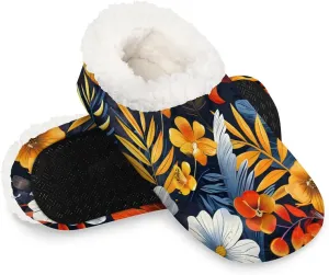 KOBLEN Tropical Color Flower Slippers for Women House Shoes with Fleece Lining Wide Comfy Full Slippers Lightweight Cozy Loafer with Rubber Sole Unisex Slippers Adults for Indoor Outdoor