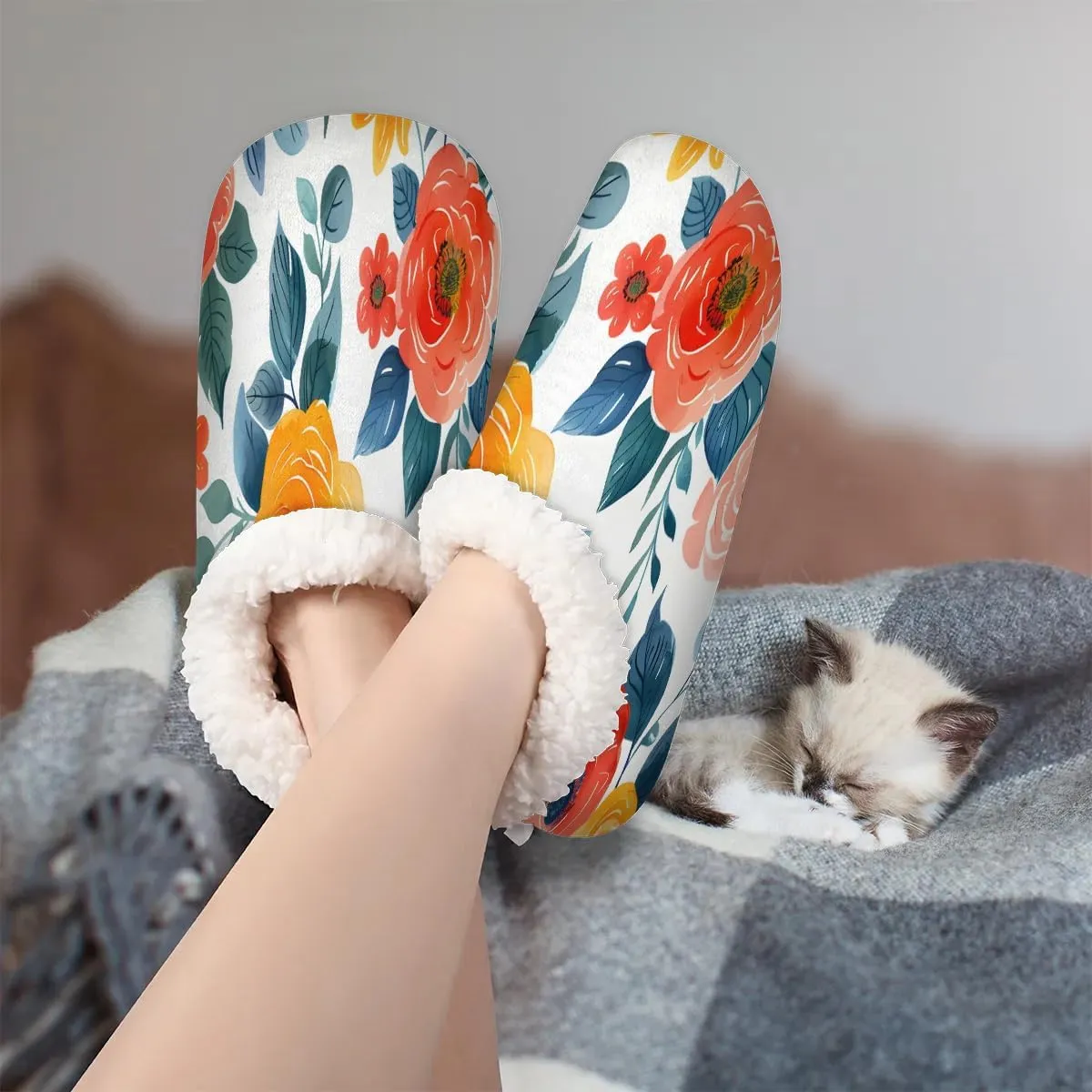 KOBLEN Tropical Flower Leaf Slippers for Women House Shoes with Fleece Lining Wide Comfy Full Slippers Lightweight Cozy Loafer with Rubber Sole Unisex Slippers Adults for Indoor Outdoor