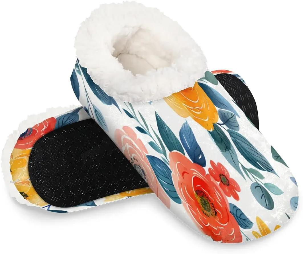 KOBLEN Tropical Flower Leaf Slippers for Women House Shoes with Fleece Lining Wide Comfy Full Slippers Lightweight Cozy Loafer with Rubber Sole Unisex Slippers Adults for Indoor Outdoor