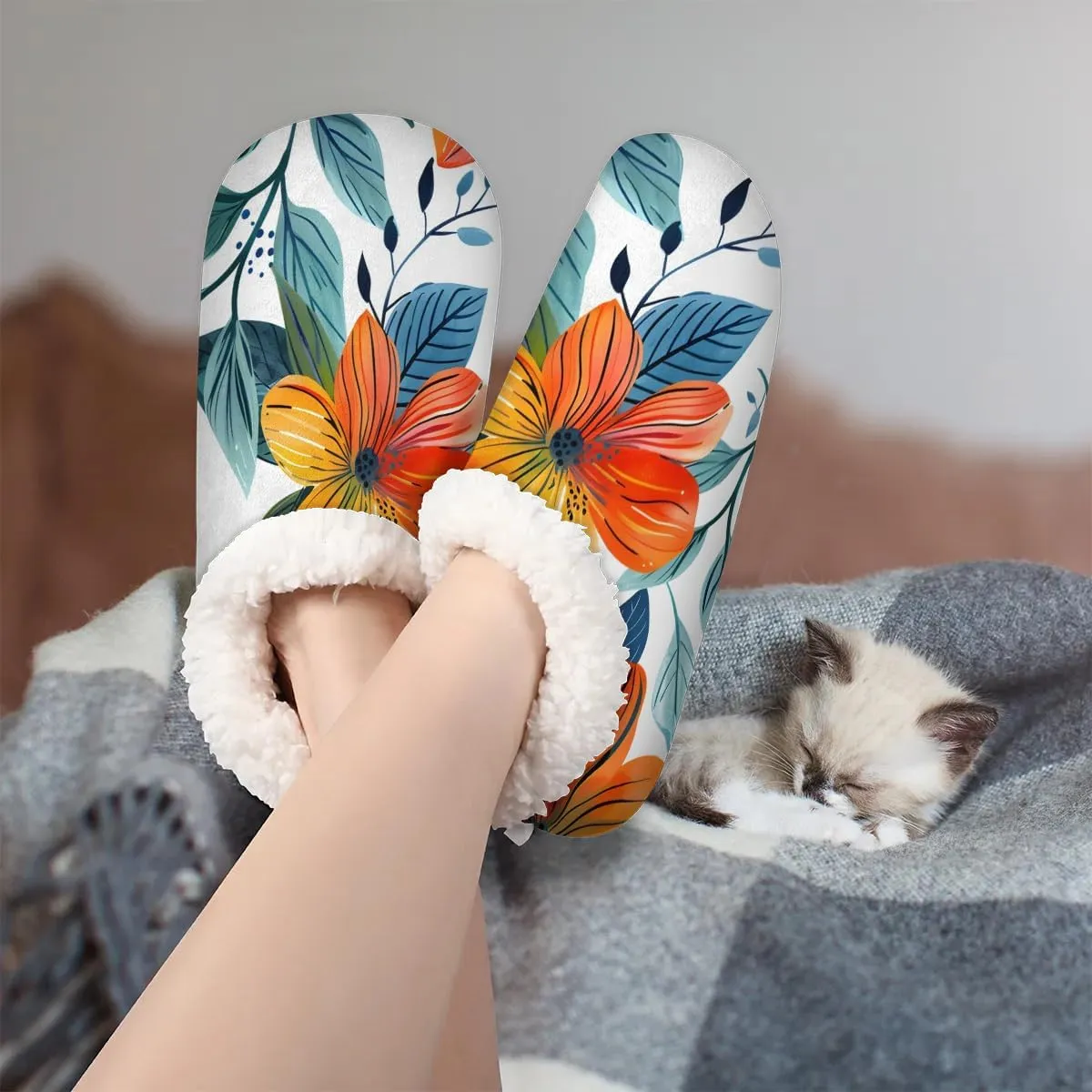 KOBLEN Tropical Flowers Leaves Slippers for Women House Shoes with Fleece Lining Wide Comfy Full Slippers Lightweight Cozy Loafer with Rubber Sole Unisex Slippers Adults for Indoor Outdoor
