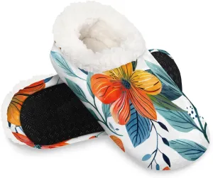 KOBLEN Tropical Flowers Leaves Slippers for Women House Shoes with Fleece Lining Wide Comfy Full Slippers Lightweight Cozy Loafer with Rubber Sole Unisex Slippers Adults for Indoor Outdoor
