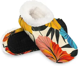 KOBLEN Tropical Flowers Slippers for Women House Shoes with Fleece Lining Wide Comfy Full Slippers Lightweight Cozy Loafer with Rubber Sole Unisex Slippers Adults for Indoor Outdoor