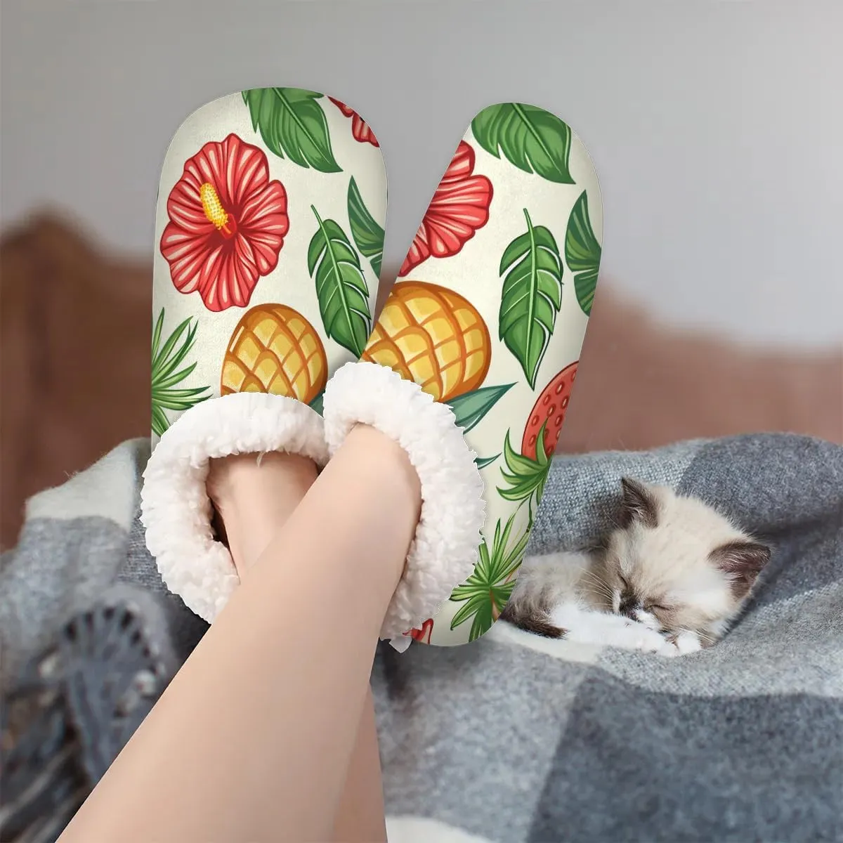 KOBLEN Tropical Fruit Flower Slippers for Women House Shoes with Fleece Lining Wide Comfy Full Slippers Lightweight Cozy Loafer with Rubber Sole Unisex Slippers Adults for Indoor Outdoor