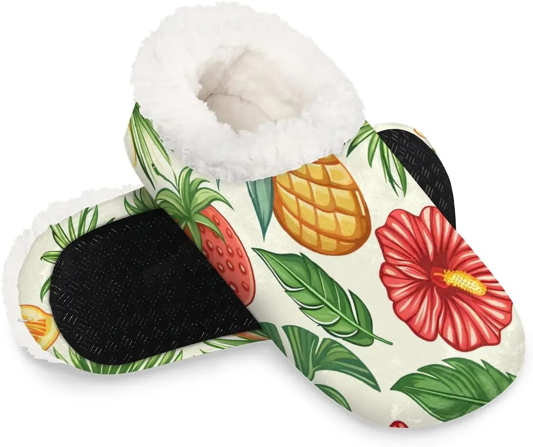 KOBLEN Tropical Fruit Flower Slippers for Women House Shoes with Fleece Lining Wide Comfy Full Slippers Lightweight Cozy Loafer with Rubber Sole Unisex Slippers Adults for Indoor Outdoor