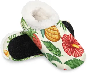 KOBLEN Tropical Fruit Flower Slippers for Women House Shoes with Fleece Lining Wide Comfy Full Slippers Lightweight Cozy Loafer with Rubber Sole Unisex Slippers Adults for Indoor Outdoor