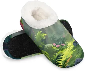 KOBLEN Tropical Leaves Slippers for Women House Shoes with Fleece Lining Wide Comfy Full Slippers Lightweight Cozy Loafer with Rubber Sole Unisex Slippers Adults for Indoor Outdoor