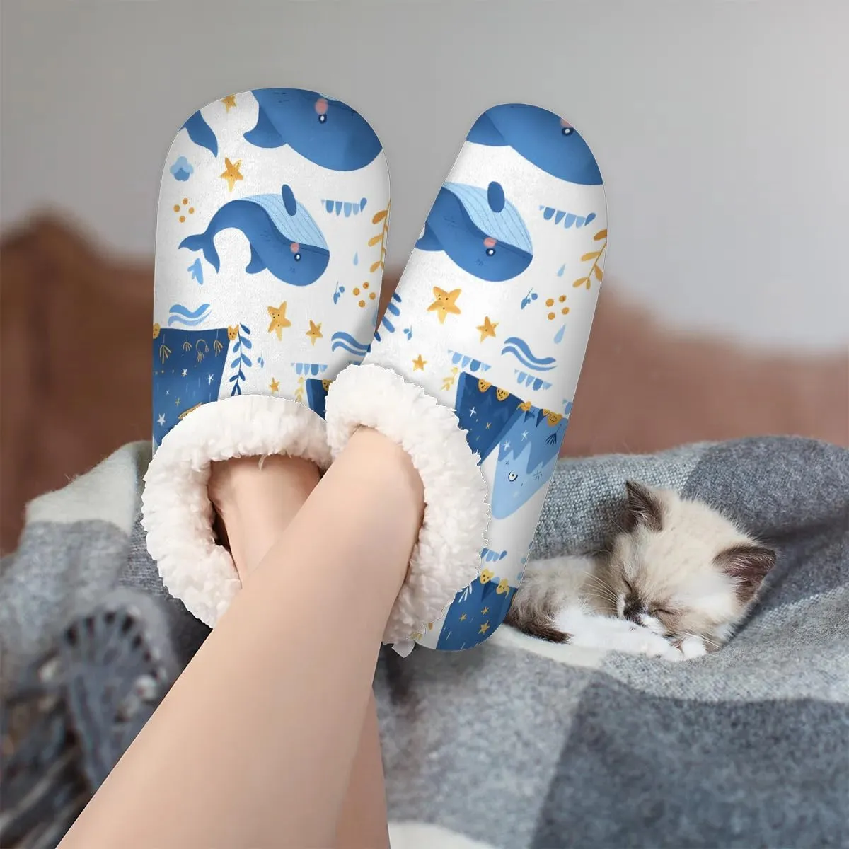 KOBLEN Whales Seaweed Mountain Slippers for Women House Shoes with Fleece Lining Wide Comfy Full Slippers Lightweight Cozy Loafer with Rubber Sole Unisex Slippers Adults for Indoor Outdoor