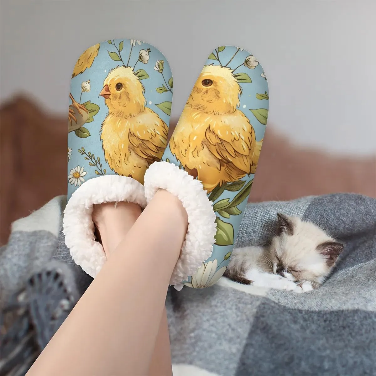 KOBLEN Yellow Chicken Flower Slippers for Women House Shoes with Fleece Lining Wide Comfy Full Slippers Lightweight Cozy Loafer with Rubber Sole Unisex Slippers Adults for Indoor Outdoor