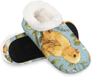 KOBLEN Yellow Chicken Flower Slippers for Women House Shoes with Fleece Lining Wide Comfy Full Slippers Lightweight Cozy Loafer with Rubber Sole Unisex Slippers Adults for Indoor Outdoor